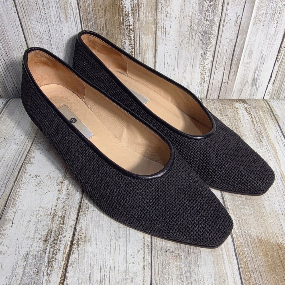 Saks Fifth Avenue Black Mesh Square Toe Low Block Heel Pumps Made in Italy - Picture 3 of 10